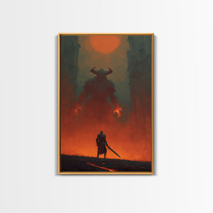Knight Facing Horned Demon Canvas Print, Dark Fantasy Red Moon Wall Decor, Gothic Monster Art, Epic Game Room Artwork Gift