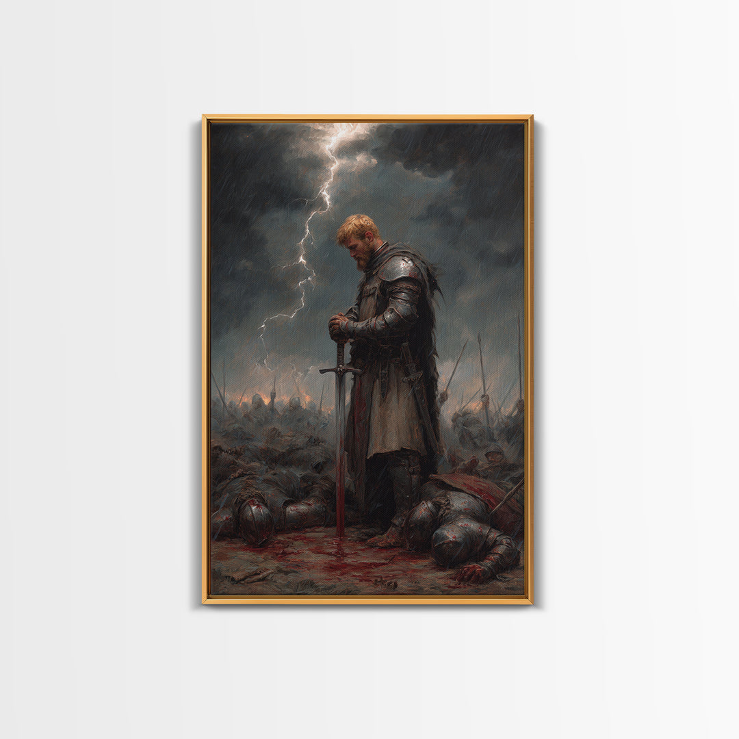 Blond Knight Praying In Storm Wall Art, Dark Fantasy Medieval Battle Print, Gothic Warrior Decor, Moody Masculine Office Art