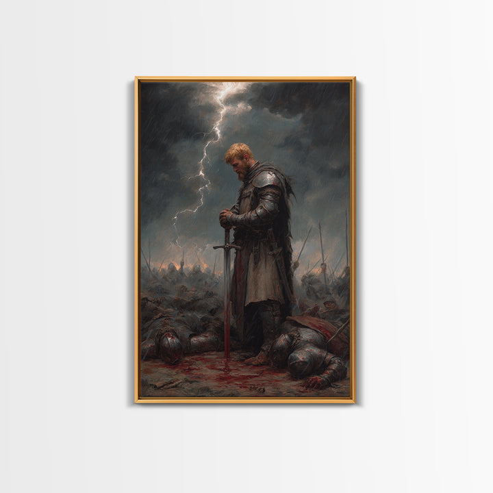 Blond Knight Praying In Storm Wall Art, Dark Fantasy Medieval Battle Print, Gothic Warrior Decor, Moody Masculine Office Art