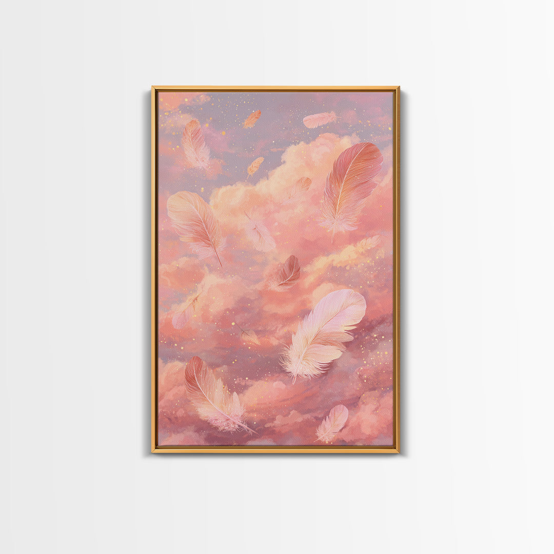 Pink Feather Cloud Canvas Print, Dreamy Celestial Sky Art, Pastel Nursery Decor, Whimsical Bedroom Wall Decor Gift For Her