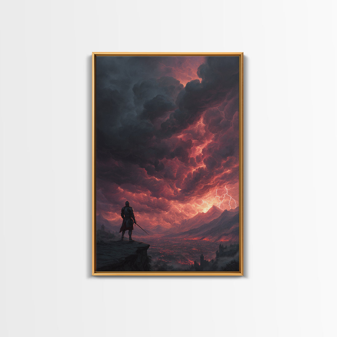 Lone Warrior Under Crimson Lightning Storm Wall Art, Dark Fantasy Landscape, Medieval Castle Decor, Dramatic Gothic Poster