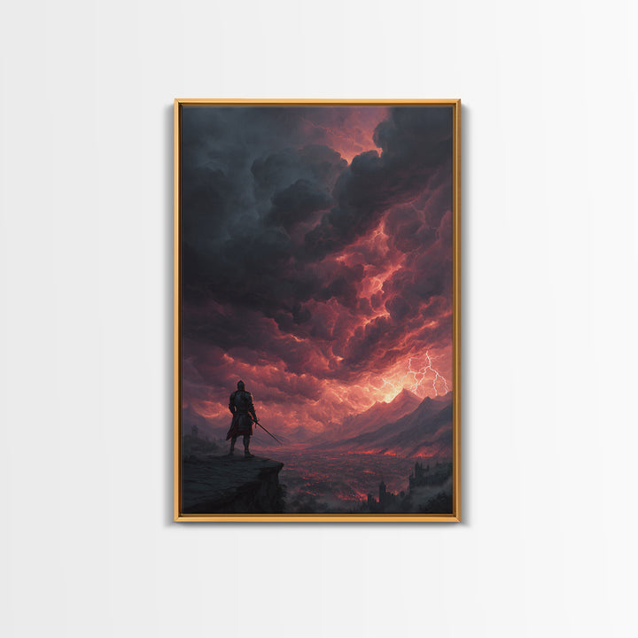 Lone Warrior Under Crimson Lightning Storm Wall Art, Dark Fantasy Landscape, Medieval Castle Decor, Dramatic Gothic Poster