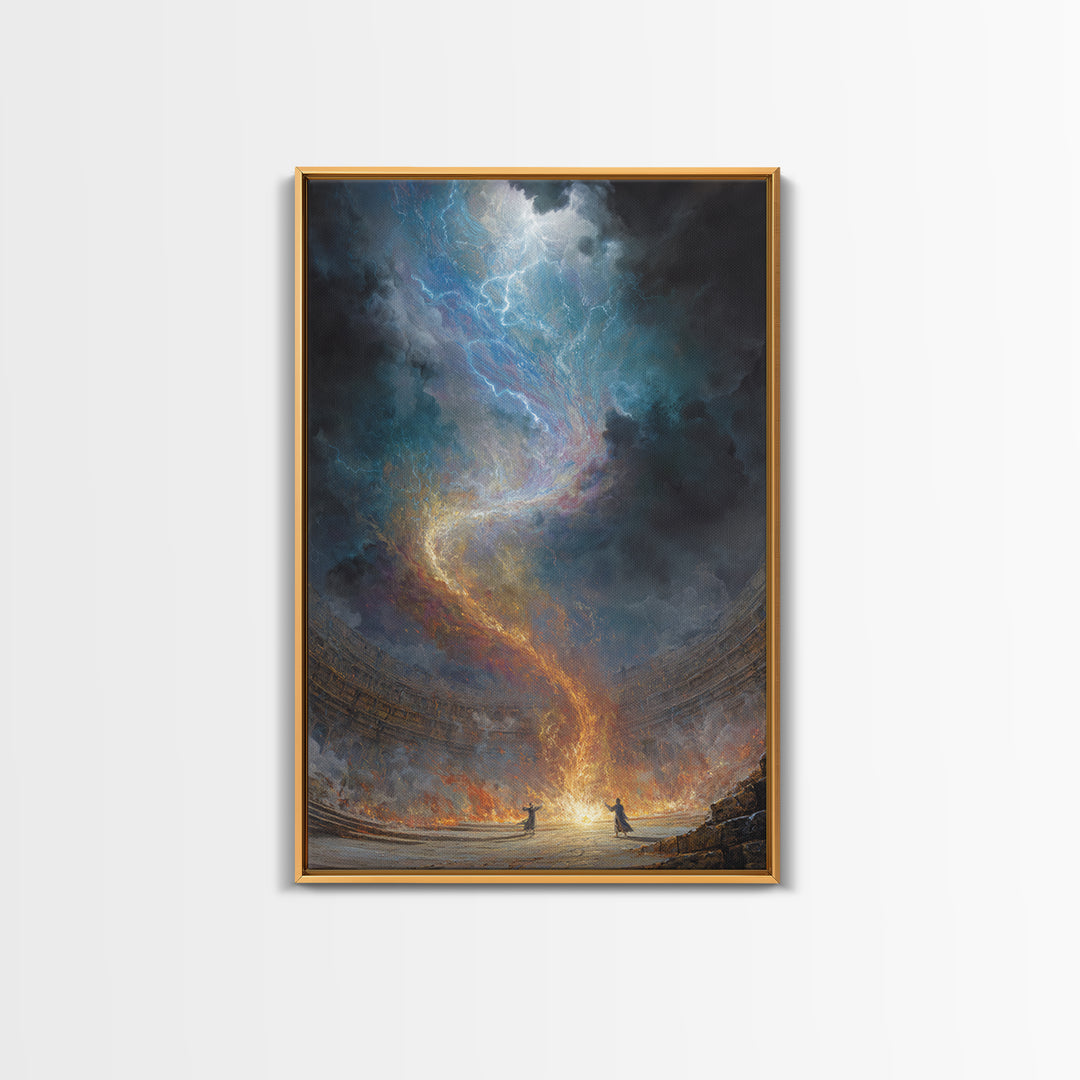 Celestial Firestorm Vortex In Ancient Arena Canvas Print, Epic Fantasy Wall Art, Cosmic Lightning Decor, Dramatic Poster