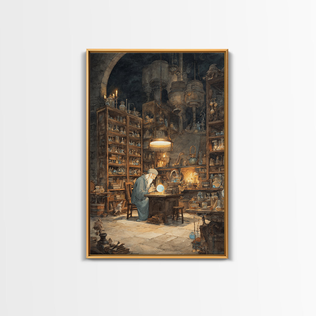 Moonlit Alchemist Workshop With Glowing Orb Wall Art, Dark Academia Decor, Fantasy Library Print, Whimsical Office Poster