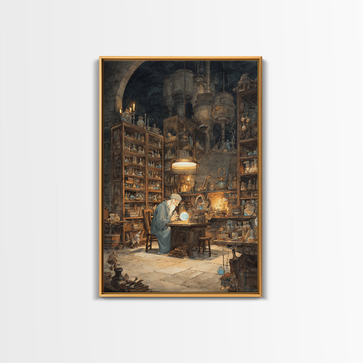 Moonlit Alchemist Workshop With Glowing Orb Wall Art, Dark Academia Decor, Fantasy Library Print, Whimsical Office Poster