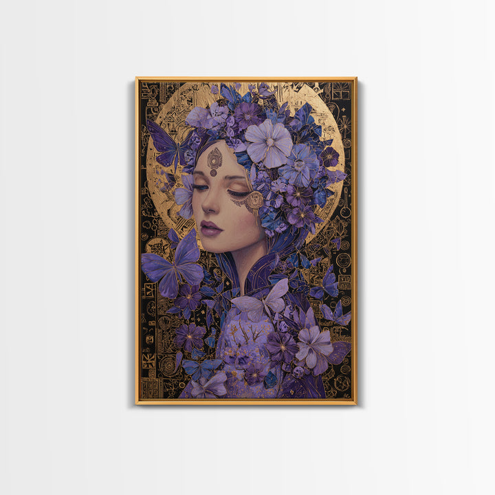 Purple Floral Goddess Portrait Wall Art, Art Nouveau Butterfly Decor, Feminine Celestial Canvas Print, Gift For Her, Boho Wall Decor