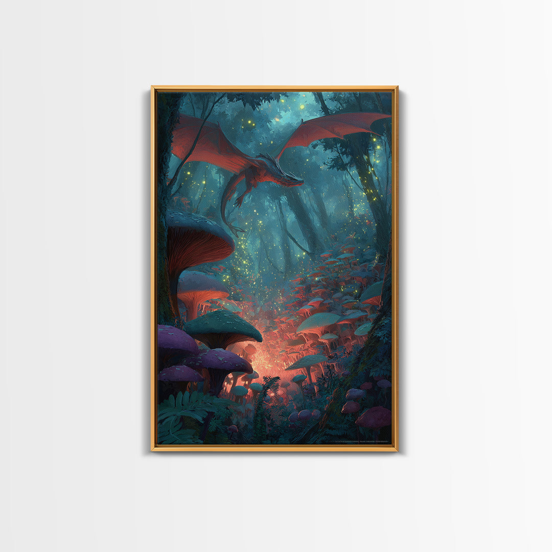 Red Dragon In Glowing Mushroom Forest Canvas Print, Enchanted Fantasy Wall Art, Woodland Nursery Decor, Magical Poster, Kids Room Art
