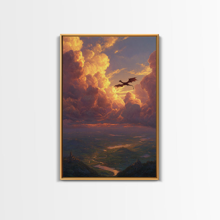 Dragon Flying Through Golden Sunset Clouds Wall Art, Epic Fantasy Landscape, Castle Valley Decor, Large Canvas Print, Gift For Him