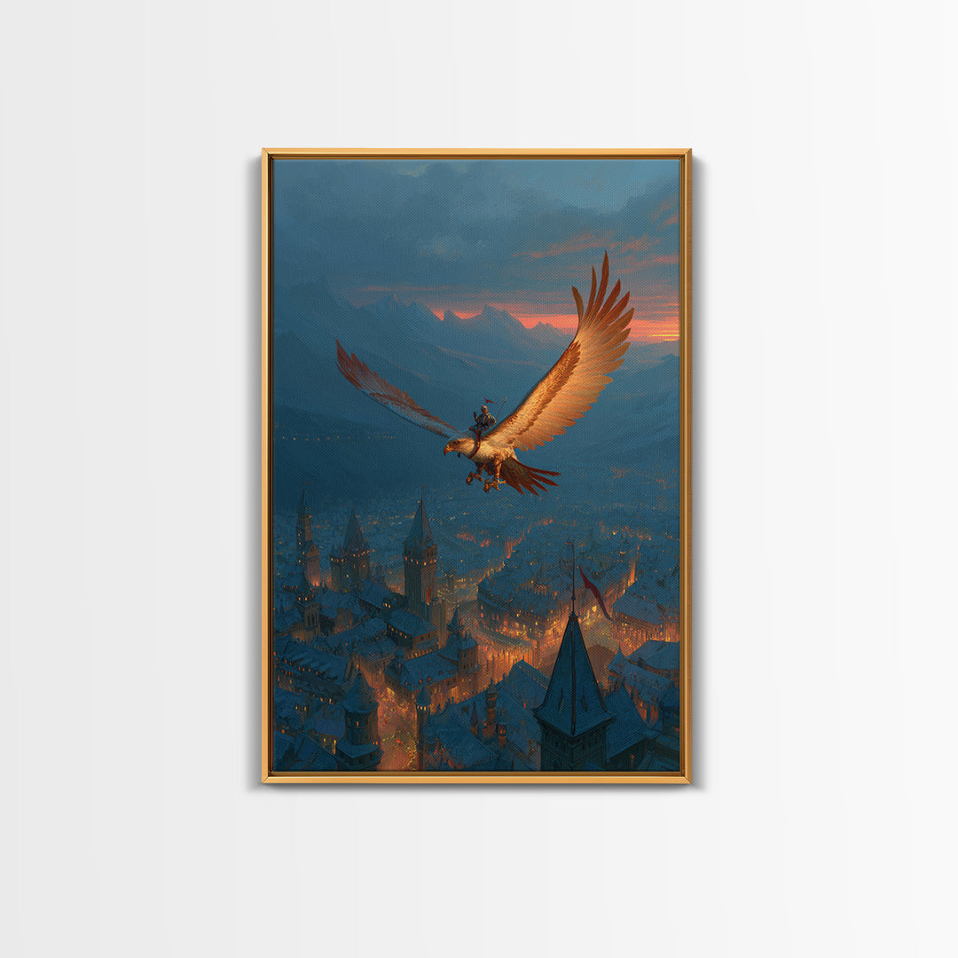 Giant Eagle Rider Over Snowy Fantasy City Framed Canvas Print, Magical Wall Art, Winter Castle Decor, Adventure Poster, Kids Room Art