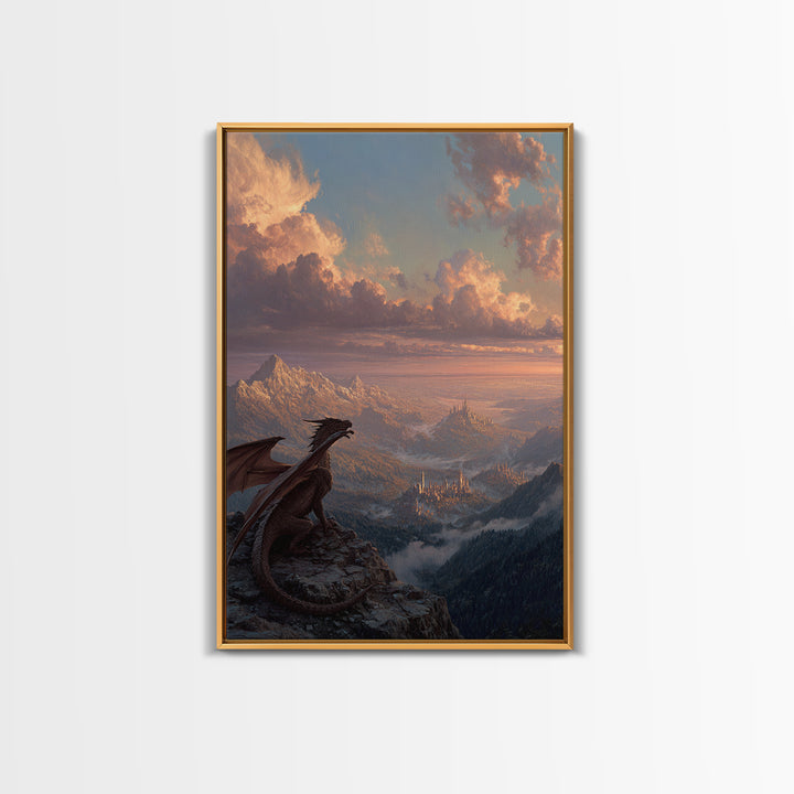 Dragon On Mountain Overlooking Kingdom At Sunset Canvas Print, Fantasy Landscape Wall Art, Castle Decor, Gift For Him, Adventure Poster