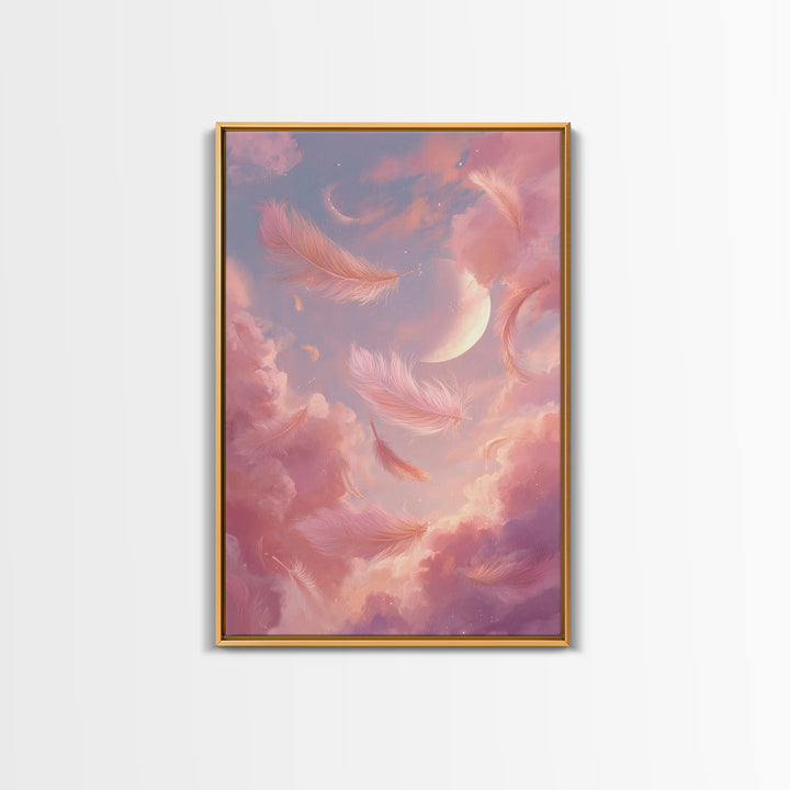 Crescent Moon Feather Wall Art, Pink Cloud Celestial Canvas, Dreamy Nursery Decor, Whimsical Bedroom Print Gift For Her, Pastel Decor