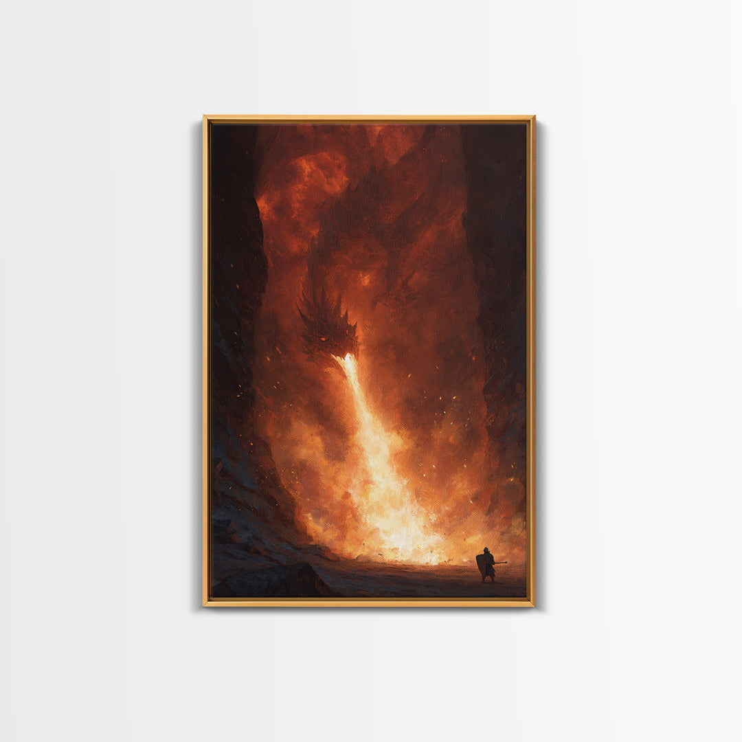 Lone Warrior Facing Fire Breathing Dragon Canvas Print, Dark Fantasy Wall Art, Epic Cave Battle Decor, Dramatic Monster Art