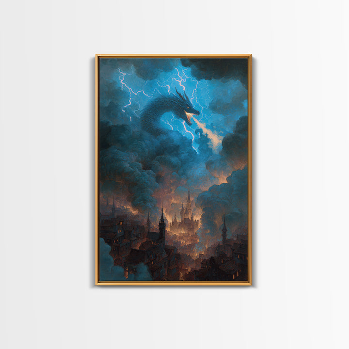 Storm Dragon Above Smoky Gothic City Wall Art, Electric Blue Fantasy Canvas Print, Dark Academia Decor, Epic Monster Artwork