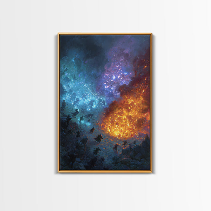 Elemental Fire And Ice Battle Wall Art, Epic Fantasy Canvas Print, Surreal Magic Landscape, Dramatic Warrior Decor, Adventure Artwork