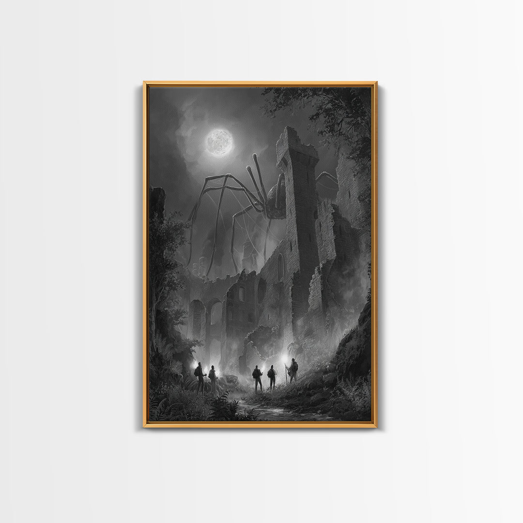 Giant Spider Haunting Moonlit Ruins Wall Art, Black And White Framed Canvas Print, Gothic Horror Decor, Creepy Fantasy Art