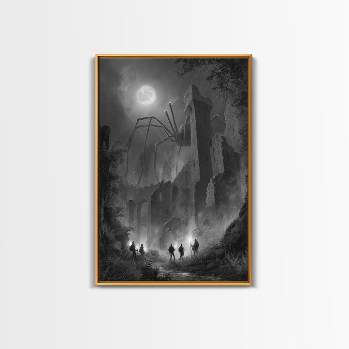 Giant Spider Haunting Moonlit Ruins Wall Art, Black And White Framed Canvas Print, Gothic Horror Decor, Creepy Fantasy Art