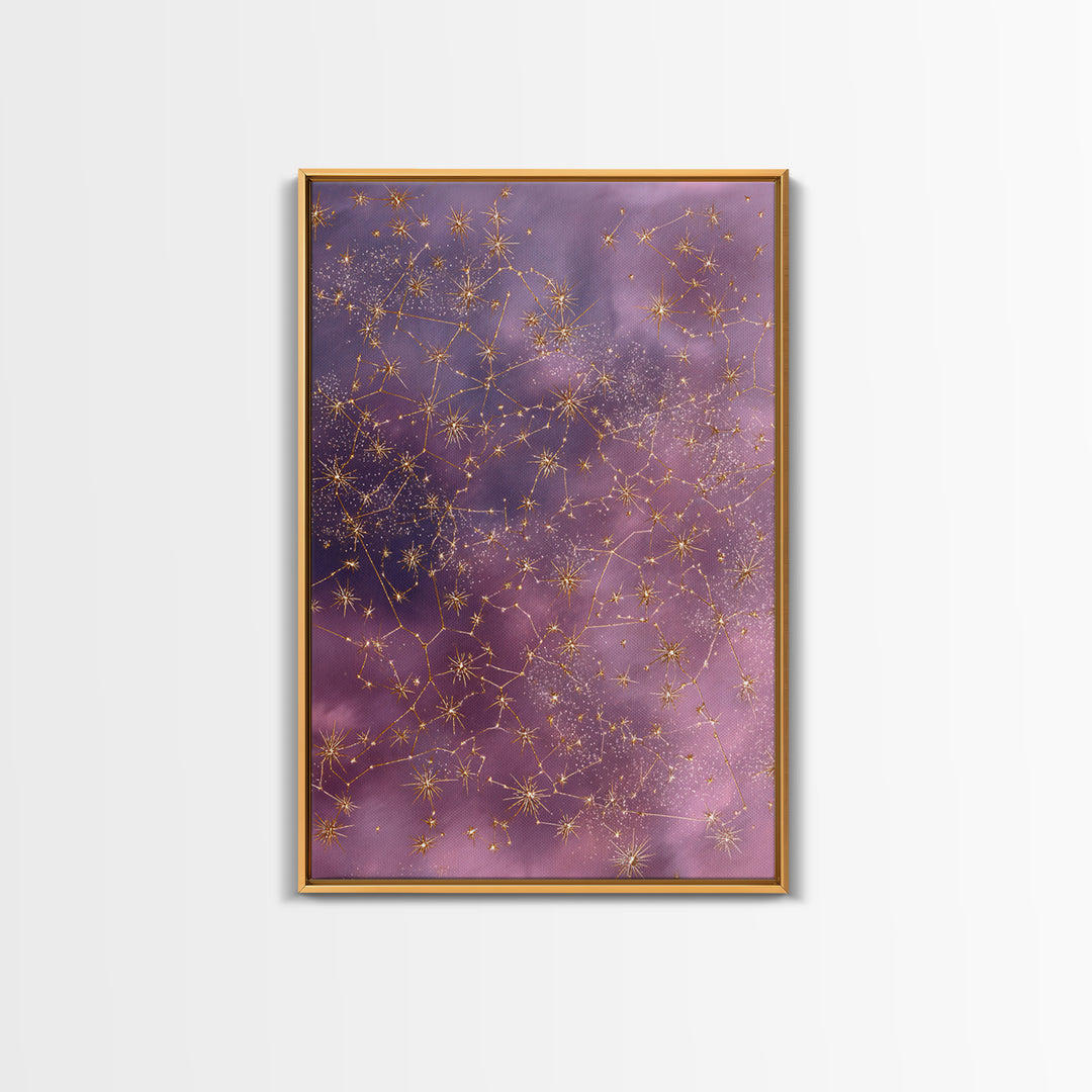Gold Constellation Wall Art, Purple Astrology Sky Canvas, Celestial Zodiac Decor, Mystical Star Map Print For Bedroom Decor