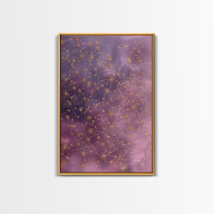Gold Constellation Wall Art, Purple Astrology Sky Canvas, Celestial Zodiac Decor, Mystical Star Map Print For Bedroom Decor