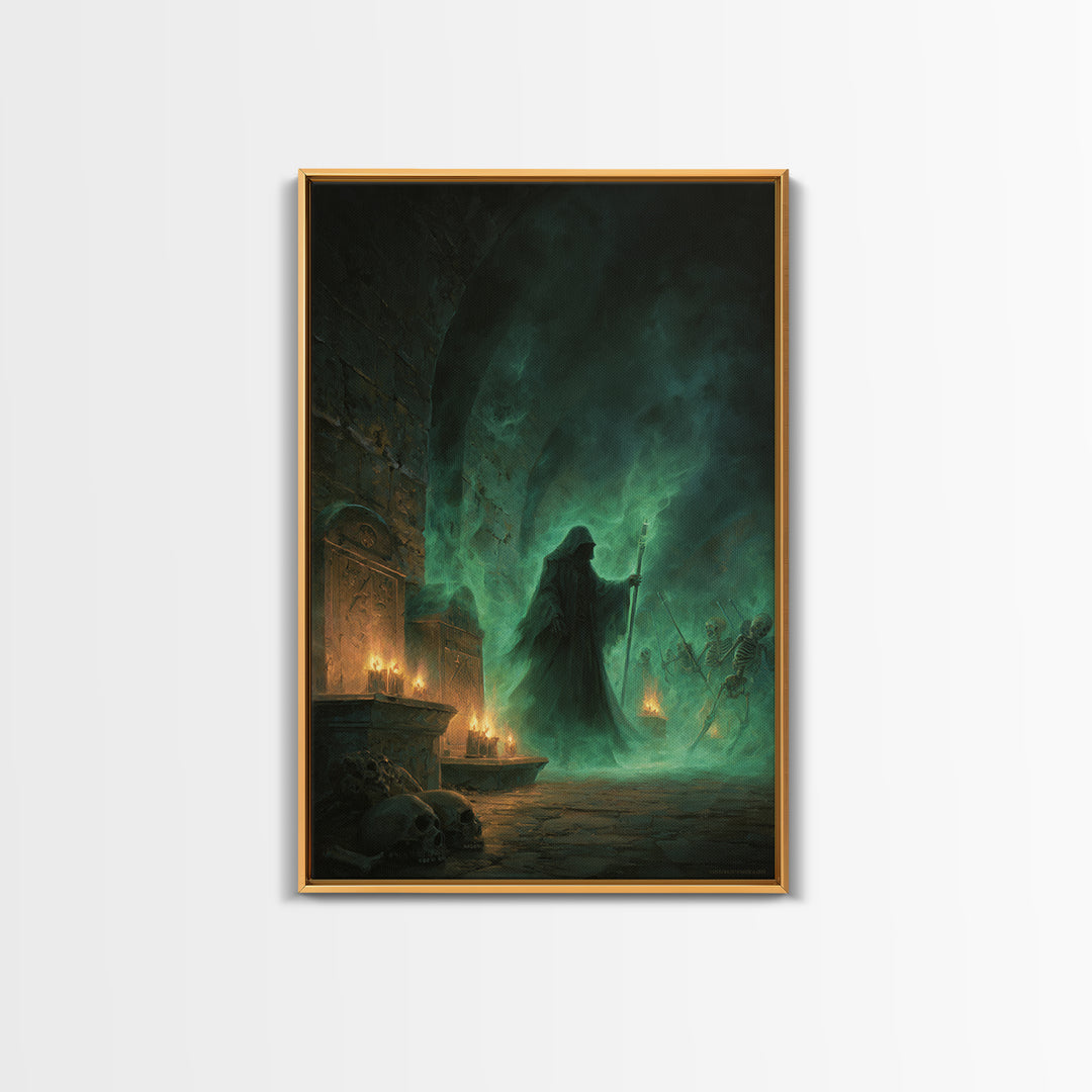 Green Necromancer Dungeon Wall Art, Dark Fantasy Canvas Print, Skeleton Gothic Decor, Witchy Macabre Home Decor, Gift For Him