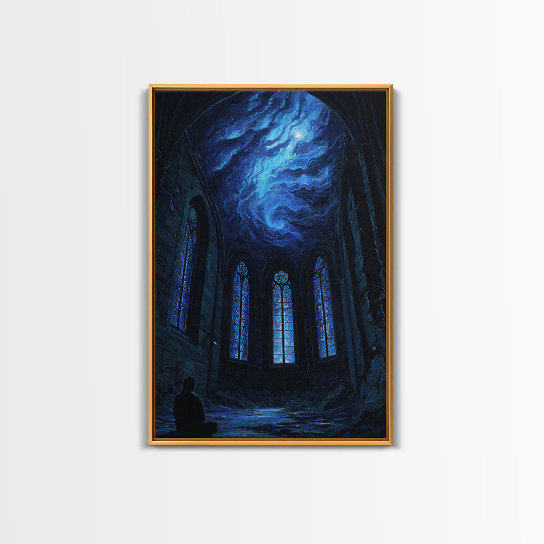 Blue Cosmic Chapel Ruins Canvas Print, Celestial Wall Art, Gothic Architecture Decor, Dark Academia Fantasy Art Print, Home Decor