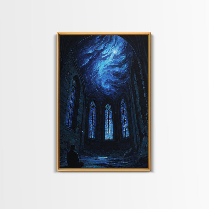 Blue Cosmic Chapel Ruins Canvas Print, Celestial Wall Art, Gothic Architecture Decor, Dark Academia Fantasy Art Print, Home Decor