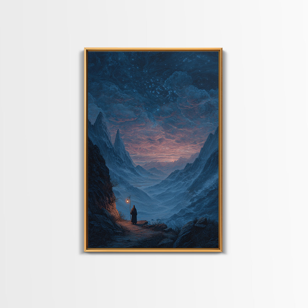 Starry Mountain Valley Pilgrim Wall Art, Fantasy Landscape Canvas Print, Celestial Night Sky Decor, Moody Blue Art Print