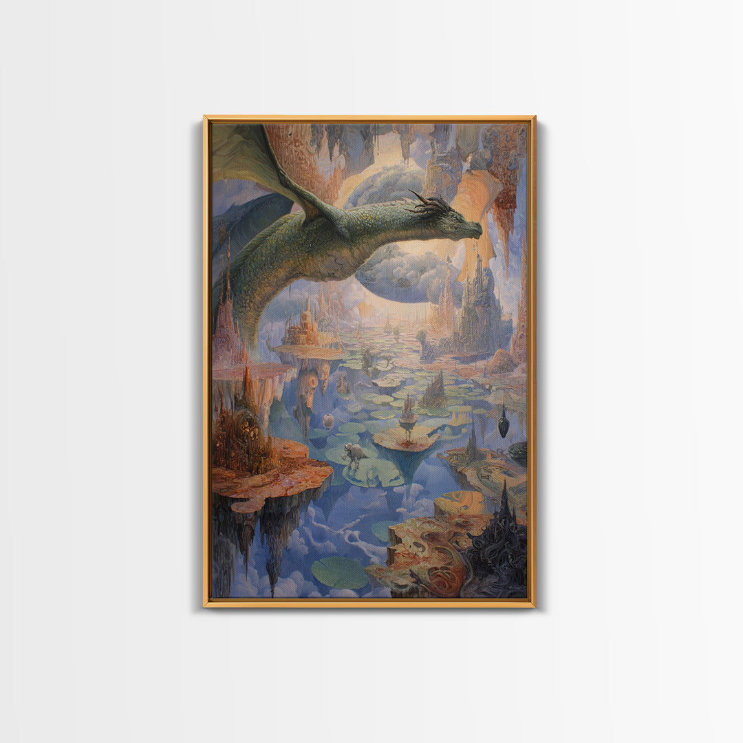 Giant Dragon Over Floating Kingdom Canvas Print, Fantasy Wall Art, Surreal Castle Landscape, Dreamy Storybook Decor, Gift For Her