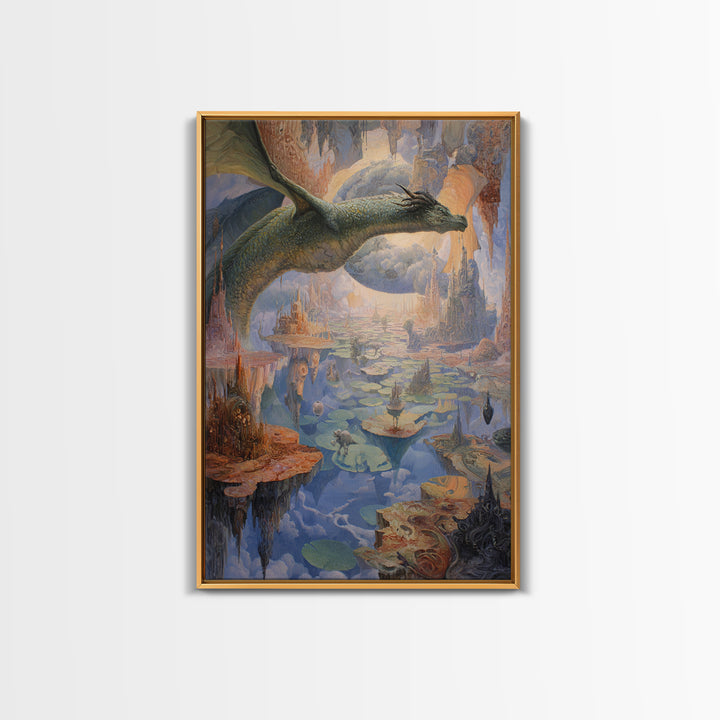 Giant Dragon Over Floating Kingdom Canvas Print, Fantasy Wall Art, Surreal Castle Landscape, Dreamy Storybook Decor, Gift For Her