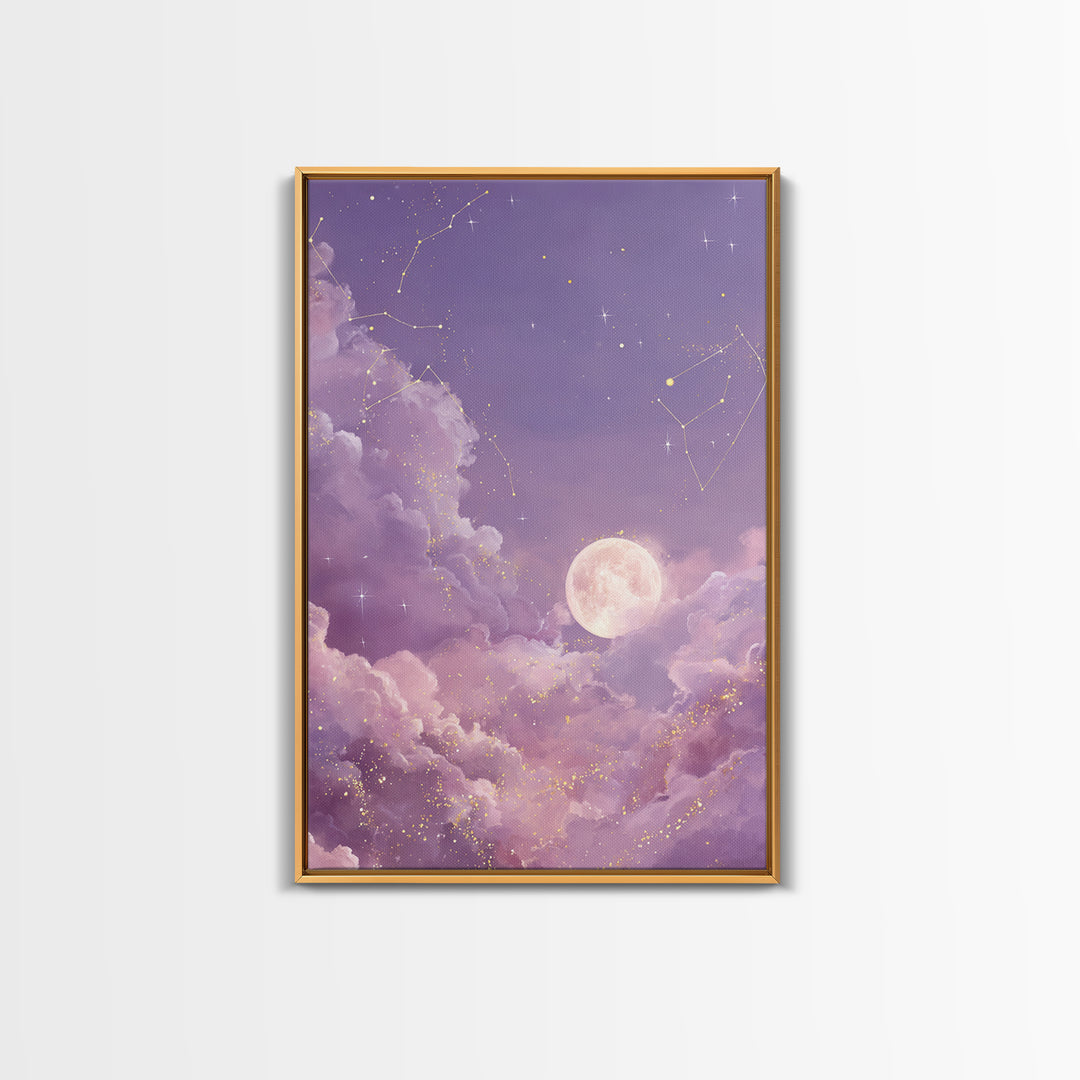 Full Moon Cloud Canvas Print, Lavender Celestial Sky Art, Zodiac Constellation Decor, Dreamy Nursery Wall Art For Bedroom