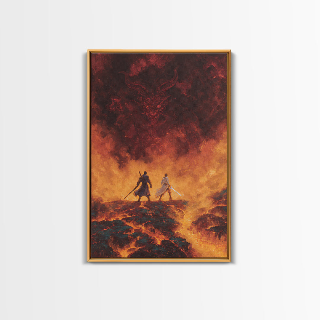 Fiery Demon And Lava Warriors Wall Art, Dark Fantasy Battle Canvas, Gothic Game Room Decor, Epic Dragon Gift For Him, Large Print