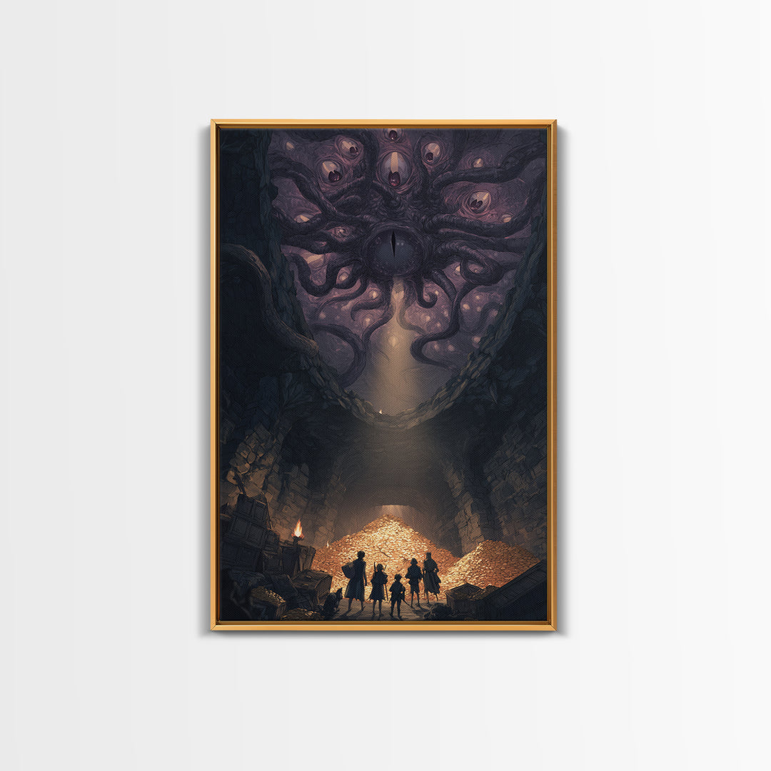 Eldritch Many Eyed Monster Framed Canvas Print, Dark Fantasy Cave Treasure Wall Decor, Gothic Horror Art For Game Room Gift
