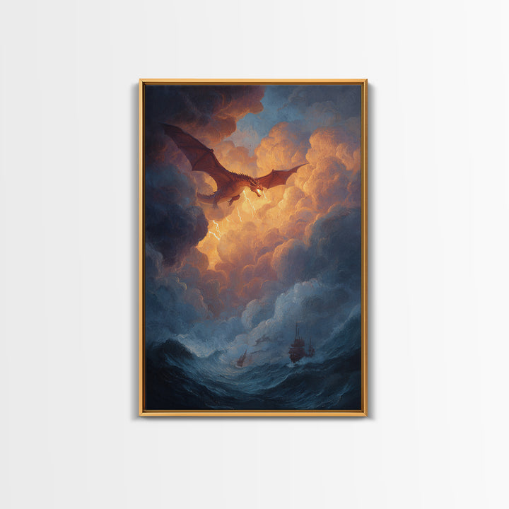 Golden Sky Dragon Above Stormy Sea Framed Canvas Print, Epic Fantasy Wall Art, Ocean Seascape Decor, Dragon Gift For Him