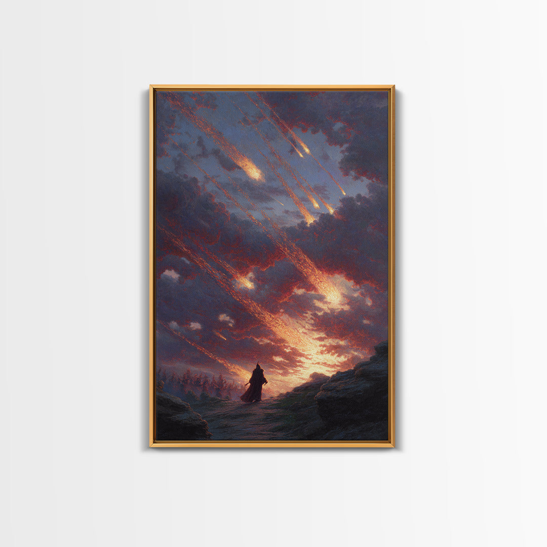 Falling Meteors Over Lone Traveler Wall Art, Apocalyptic Fantasy Canvas Print, Dark Landscape Decor, Dramatic Sky Art Gift