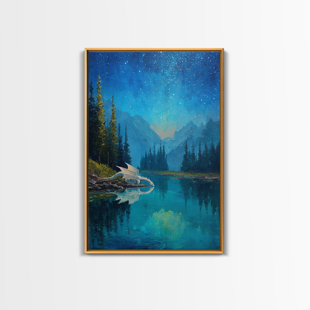 White Dragon Beside Starry Alpine Lake Wall Art, Fantasy Landscape Canvas Print, Blue Nature Decor, Dragon Nursery Gift For Kids