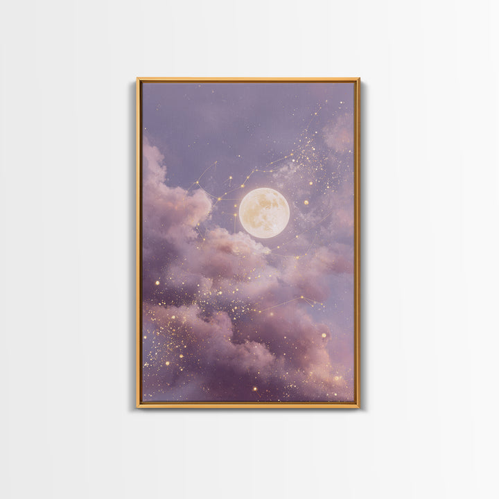 Glowing Moon And Star Cloud Wall Art, Lavender Celestial Canvas, Zodiac Constellation Decor, Dreamy Bedroom Print For Her