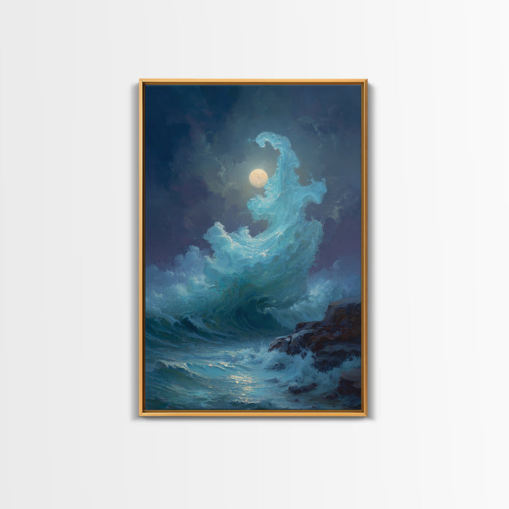 Moonlit Turquoise Wave Canvas Print, Dramatic Ocean Seascape Wall Decor, Coastal Fantasy Art For Bedroom And Living Room