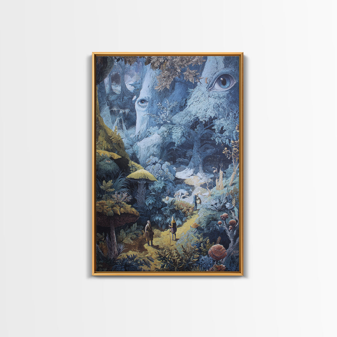 Ancient Forest Faces Wall Art, Surreal Mushroom Path Fantasy Illustration, Whimsical Woodland Decor For Reading Nook Canvas Print