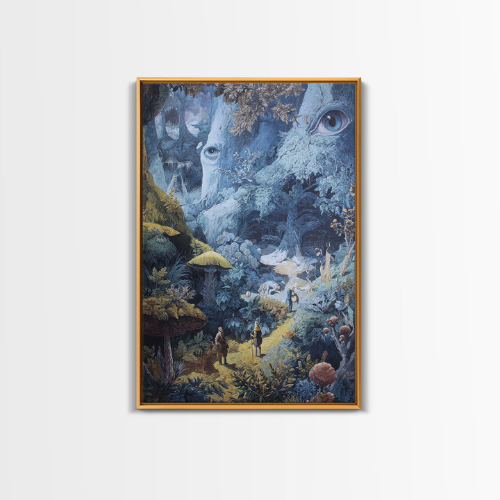 Ancient Forest Faces Wall Art, Surreal Mushroom Path Fantasy Illustration, Whimsical Woodland Decor For Reading Nook Canvas Print