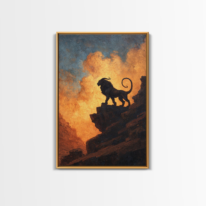 Black Lion On Sunset Cliff Canvas Print, Dramatic Wildlife Silhouette Wall Art, Rustic Safari Decor For Living Room Or Office