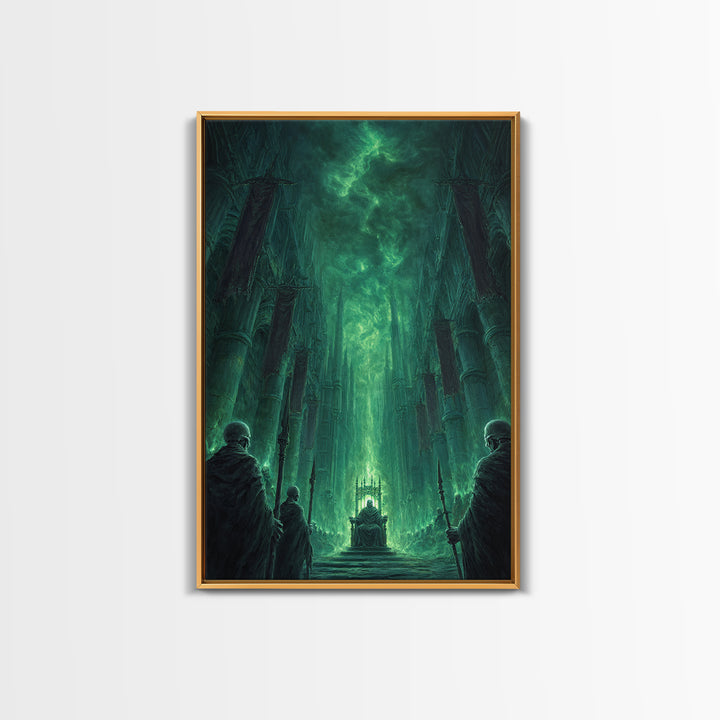 Emerald Gothic Throne Room Framed Canvas Print, Dark Fantasy Cathedral Wall Art, Moody Occult Decor For Office Or Library