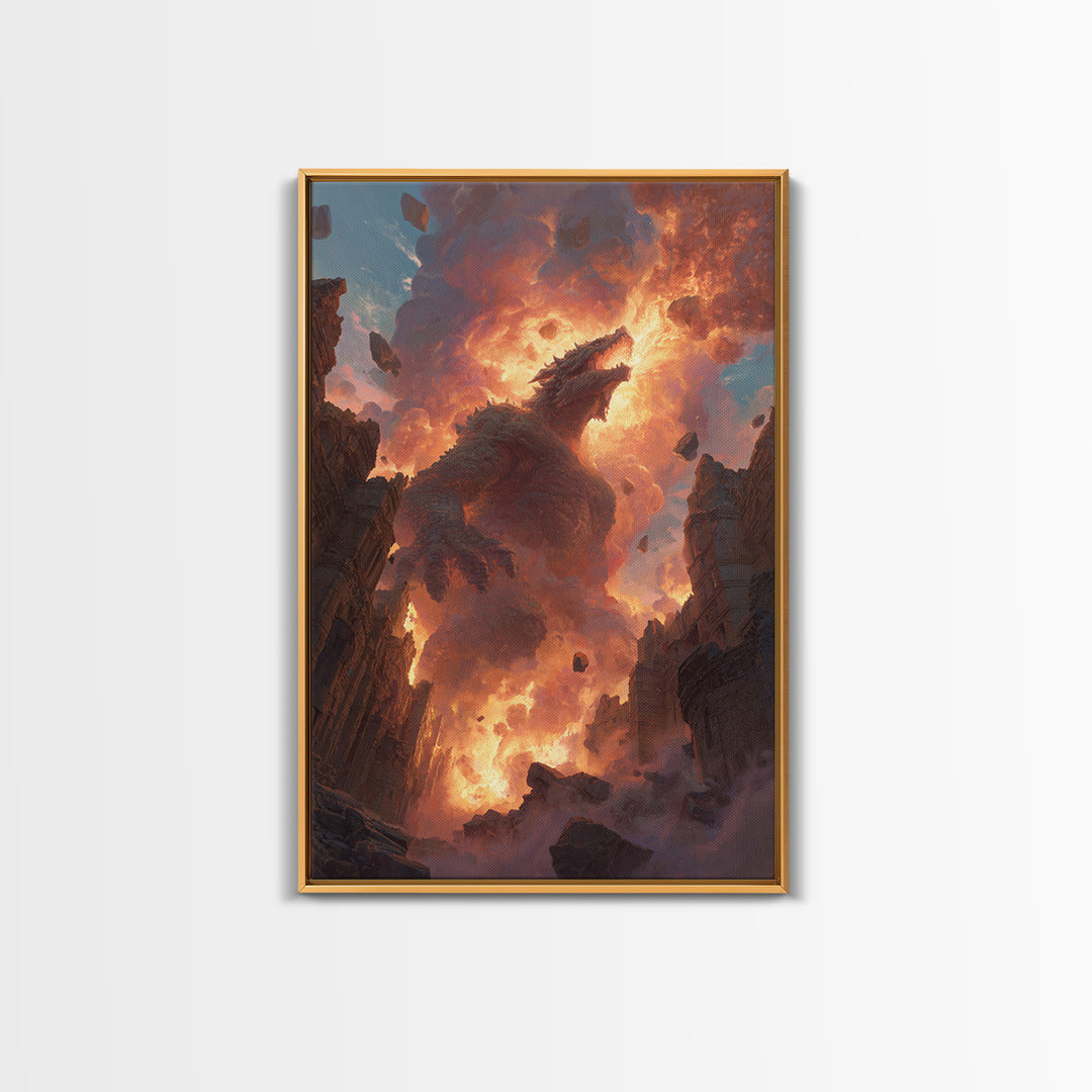 Titan Dragon Rising From Ruins Wall Art, Fiery Fantasy Monster Canvas Print, Epic Apocalyptic Decor For Gamer Room Gift