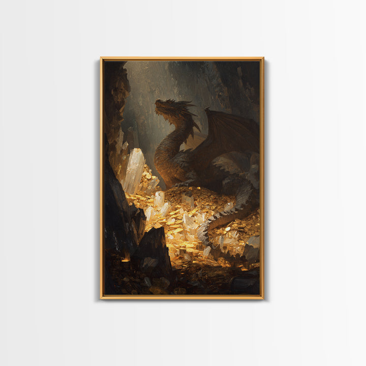 Dragon Guarding Crystal Treasure Framed Canvas Print, Dark Fantasy Cave Wall Art, Mythical Gold Hoard Decor For Gamer Room