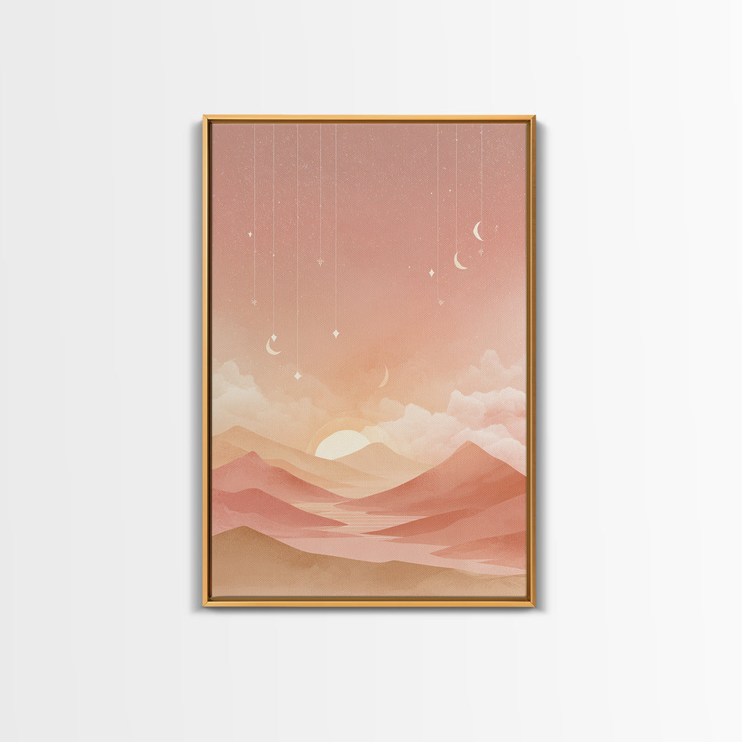Peach Desert Sunrise Wall Art, Minimalist Moon Landscape Canvas, Boho Nursery Decor, Warm Neutral Bedroom Print Gift For Her
