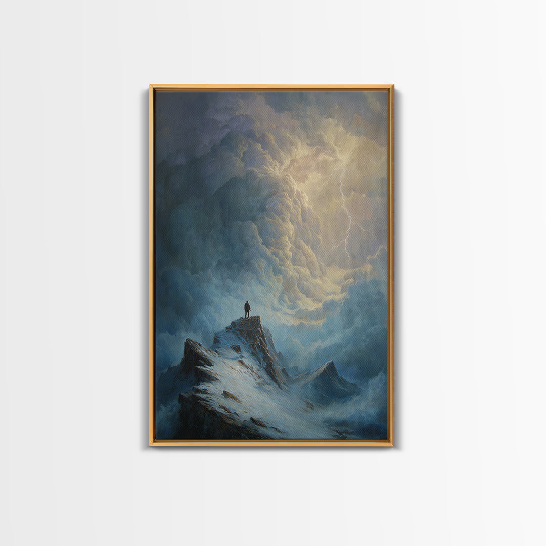 Lone Figure On Stormy Mountain Wall Art, Lightning Cloudscape Canvas Print, Moody Landscape Decor, Dark Academia Gift For Him