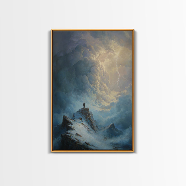 Lone Figure On Stormy Mountain Wall Art, Lightning Cloudscape Canvas Print, Moody Landscape Decor, Dark Academia Gift For Him