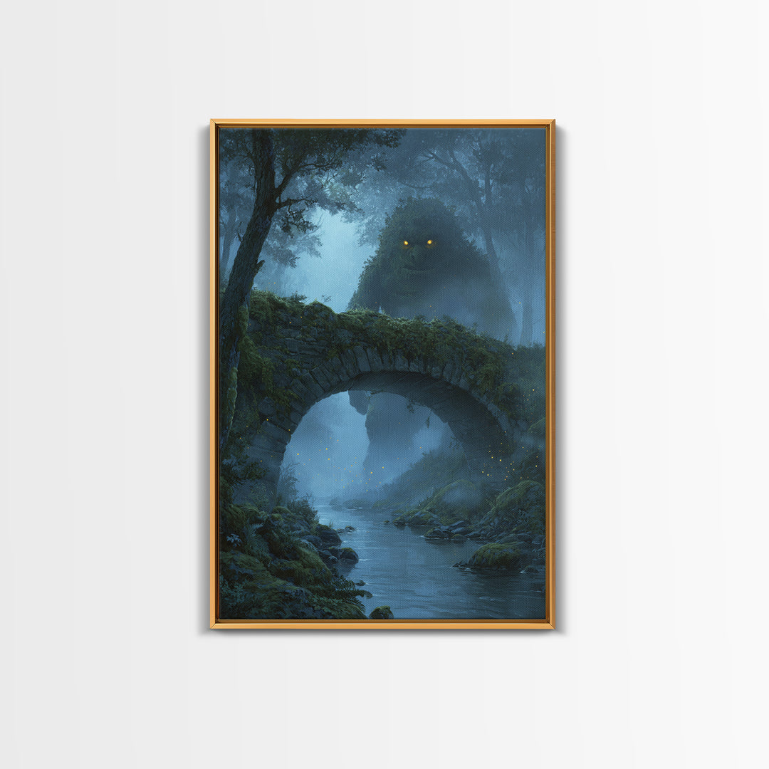 Glowing Eyed Forest Troll Wall Art, Enchanted Stone Bridge Canvas Print, Whimsical Fantasy Decor, Woodland Nursery Gift Art