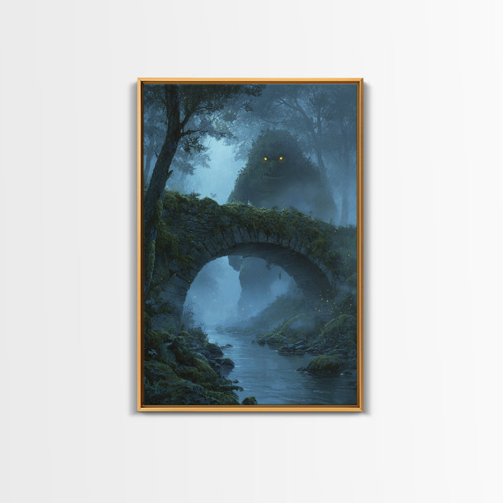 Glowing Eyed Forest Troll Wall Art, Enchanted Stone Bridge Canvas Print, Whimsical Fantasy Decor, Woodland Nursery Gift Art