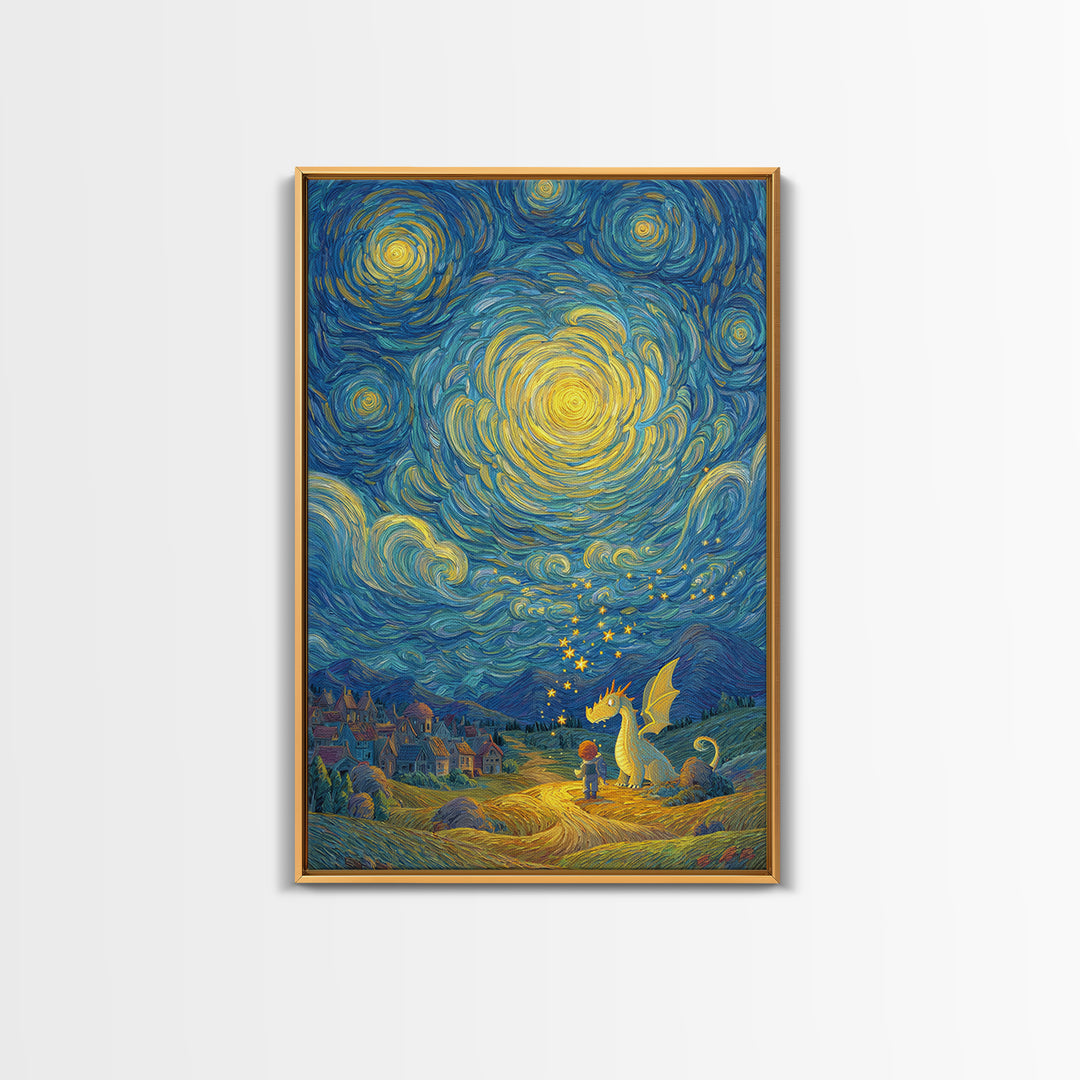 Star Swirled Child And Dragon Wall Art, Whimsical Fantasy Canvas Print, Nursery Decor, Celestial Kids Room Art Gift For Her