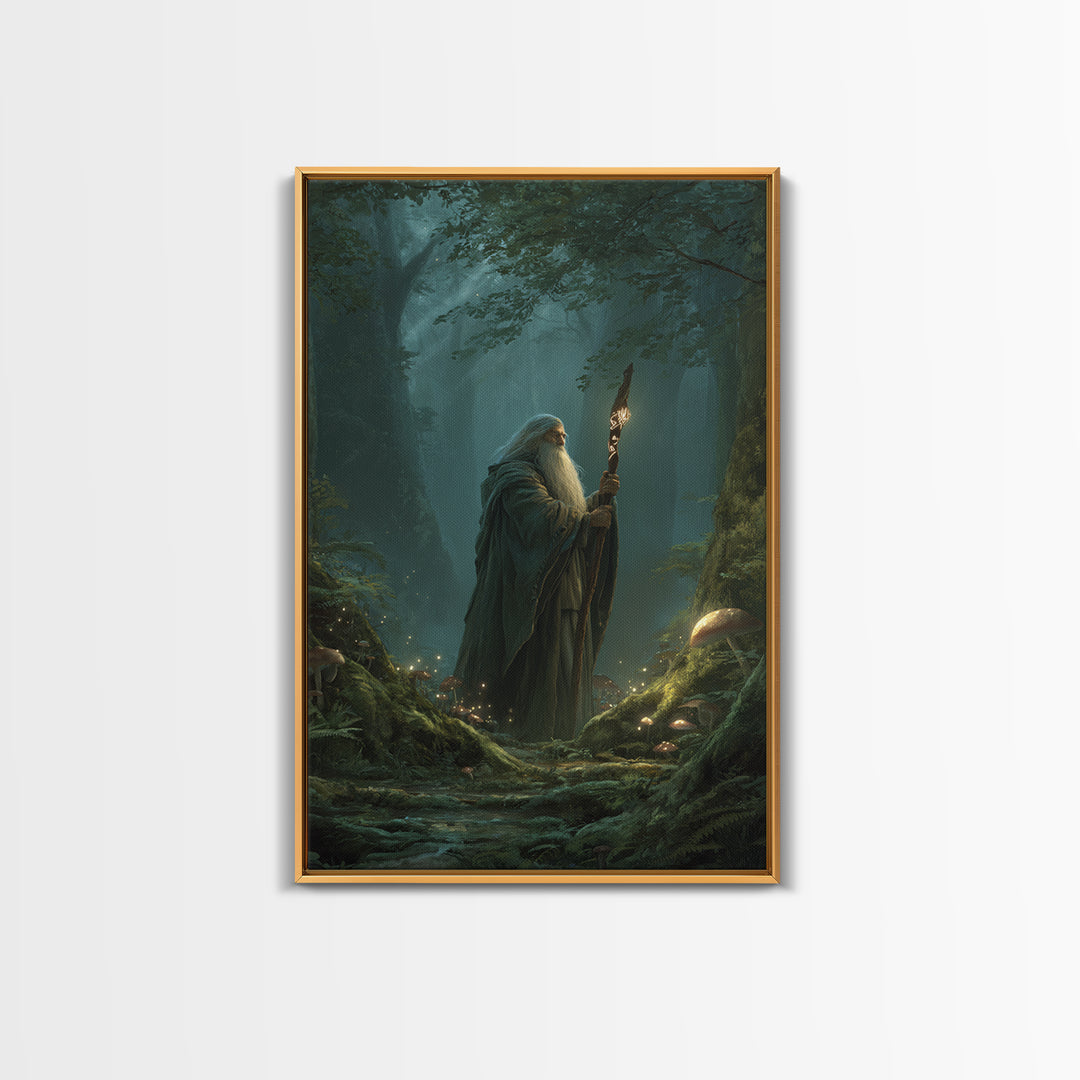 Ancient Wizard In Enchanted Forest Wall Art, Magical Mushroom Canvas Print, Dark Academia Fantasy Decor, Mystical Gift For Him
