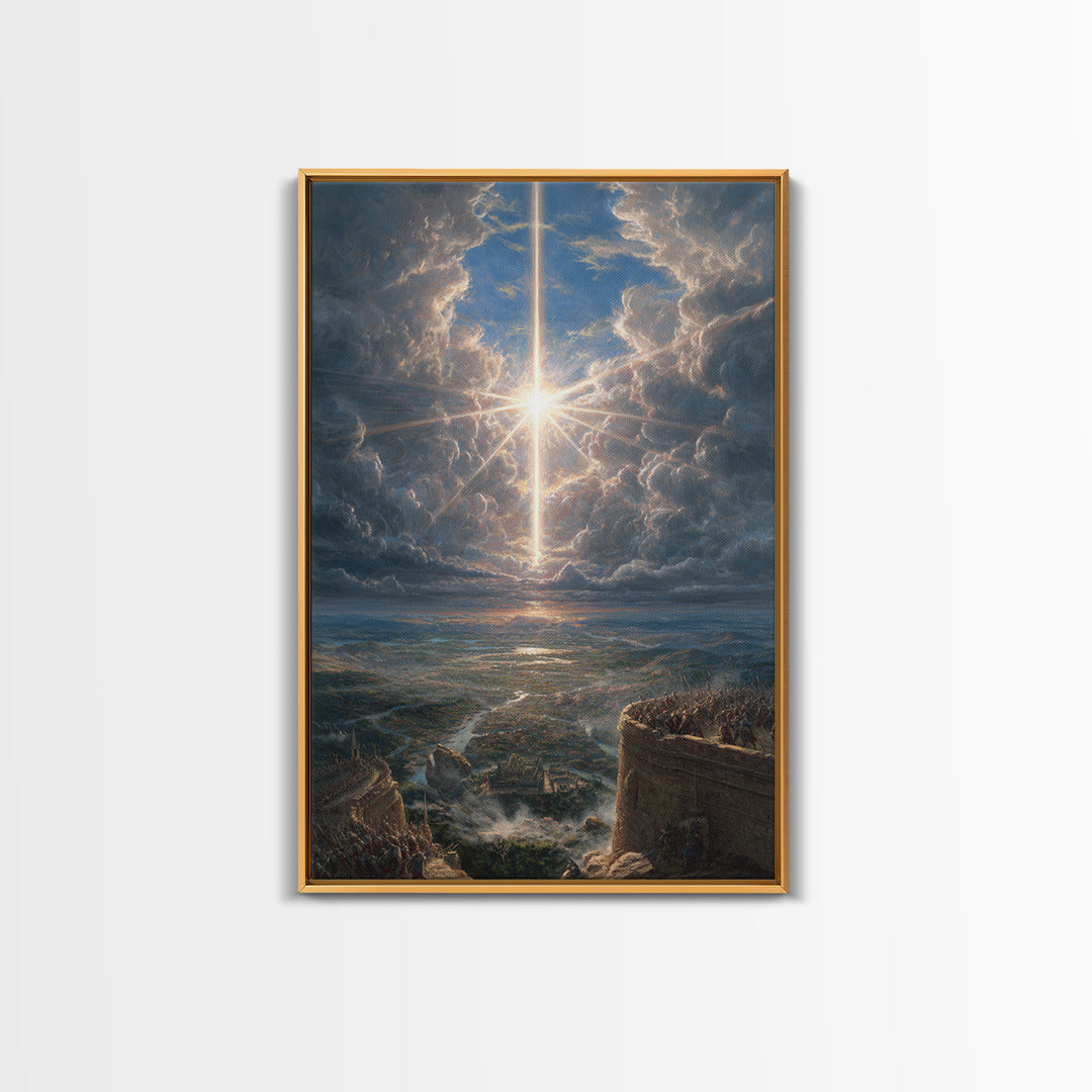 Radiant Cross In Storm Clouds Framed Canvas Print, Christian Wall Art, Celestial Landscape Art, Spiritual Home Decor Gift